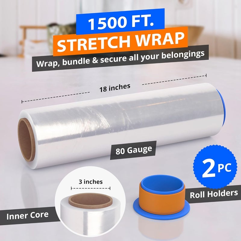 Lifetime Supplies 4 Rolls x 18" x 1500 FT x 80 Gauge Clear Non-Stretch Heavy Duty Plastic Stretch Wrap Shrink Film | Shipping Packaging Moving Packing Logistics | Thicker Extra Durable Film | Wrap Holder Included - Image 3